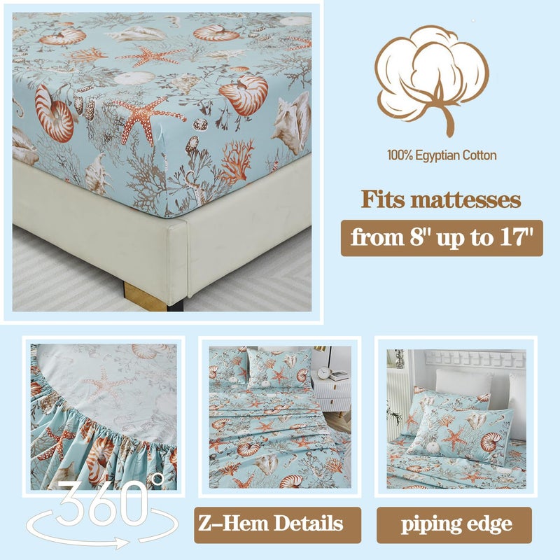 Brandream Luxury Nautical Bedding Queen Size Sheets Set Egyptian Cotton Coastal Beach Bed Sheet Set Deep Pockets 18 Inch 4-Piece Bed Sheets - Image 4
